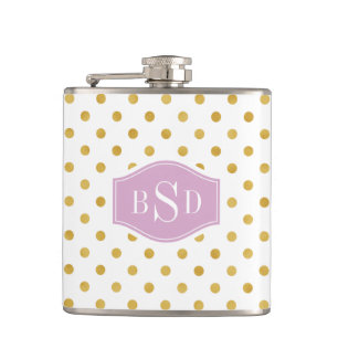 Pretty gold and white polka dots patterns monogram hip flask