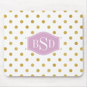 Pretty gold and white polka dots patterns monogram mouse pad