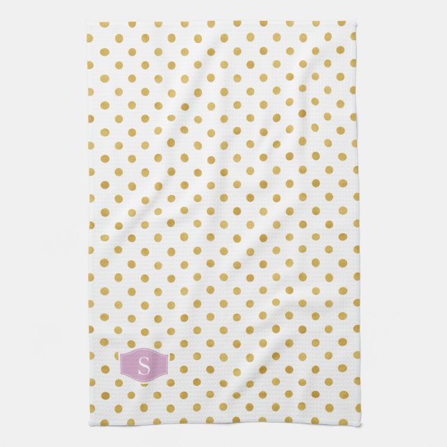 Pretty gold and white polka dots patterns monogram tea towel (Vertical)