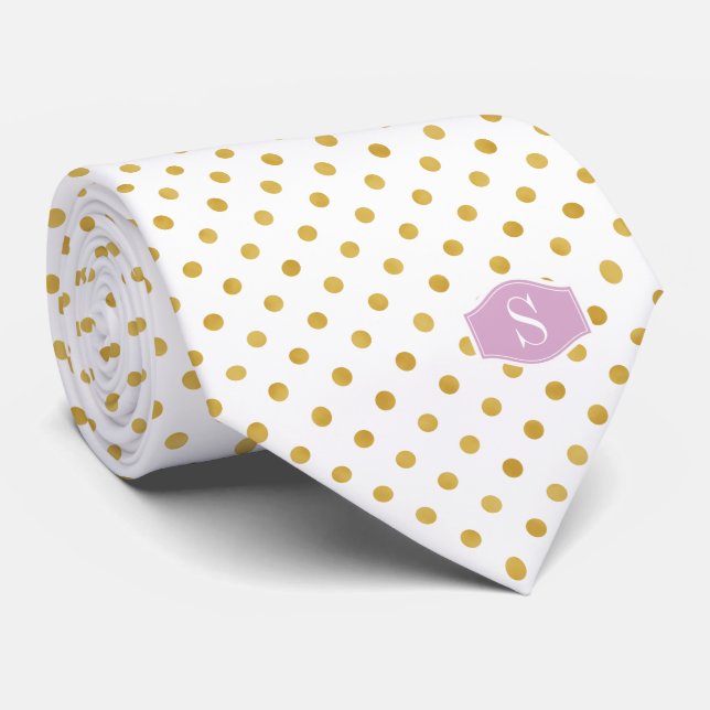 Pretty gold and white polka dots patterns monogram tie (Rolled)
