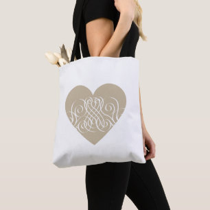 Pretty Gold / Beige Heart with White Filigree  Tote Bag