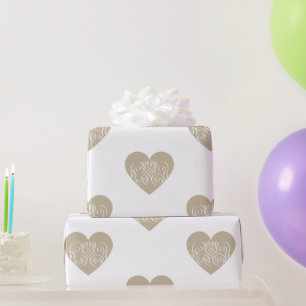 Pretty Gold / Beige Heart with White Filigree Wrapping Paper