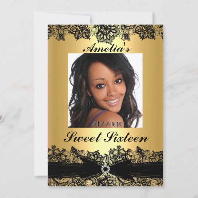 Pretty Gold & Black Lace Photo Sweet 16 Invite (Front)