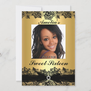 Pretty Gold & Black Lace Photo Sweet 16 Invite
