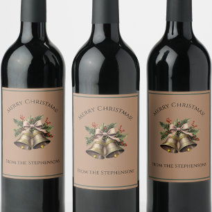 Pretty Gold Bow Christmas Bells Custom Name Wine Label
