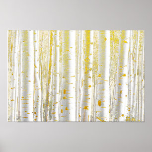 Pretty Gold-Brushed White Birch Tree Forest Poster