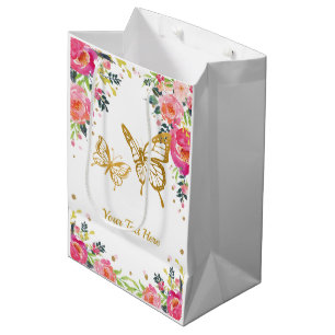 Pretty Gold Butterfly / Pink Watercolor Floral Medium Gift Bag