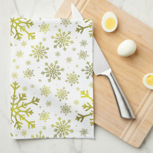 Pretty Gold Christmas Snowflakes on Winter White Tea Towel