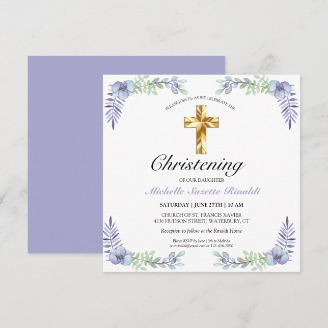 Pretty Gold Cross Lavender Floral Christening  Card (Front/Back)