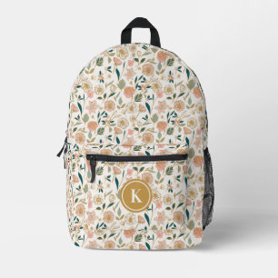 Pretty Gold Floral Pattern Ivory Monogram Printed Backpack