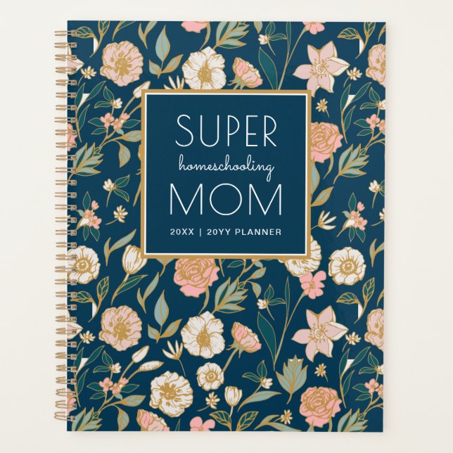 Pretty Gold Floral Super Homeschooling Mum Navy Planner (Front)