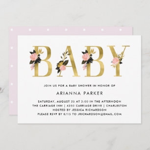 Pretty Gold Floral Text Baby Shower Invitation
