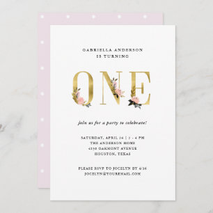 Pretty Gold Floral Text   First Birthday Party Invitation