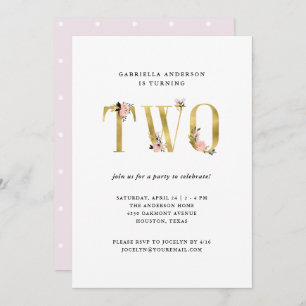 Pretty Gold Floral Text   Second Birthday Party Invitation
