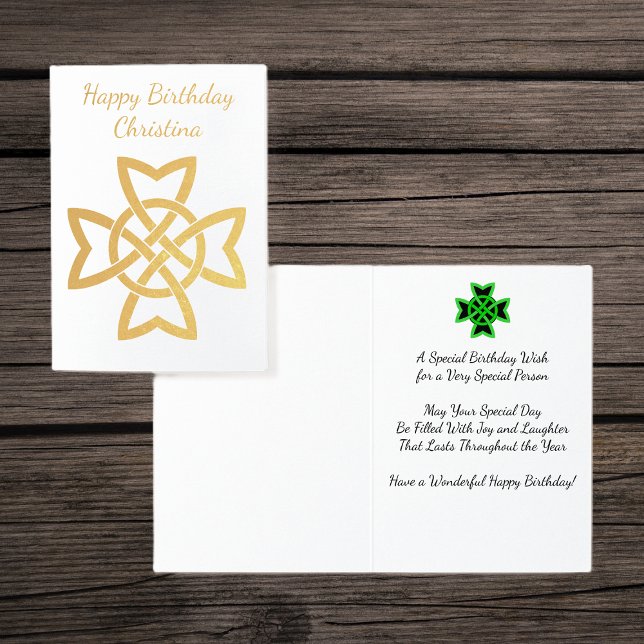 Pretty Gold Foil Irish Celtic Knot Birthday Wish Foil Card (Gold Foil Celtic Irish knot design with green and black knot design on Happy Birthday greeting card.)