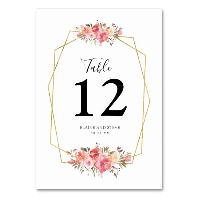 Pretty Gold Frame Pink Floral Wedding Table Number (Front)