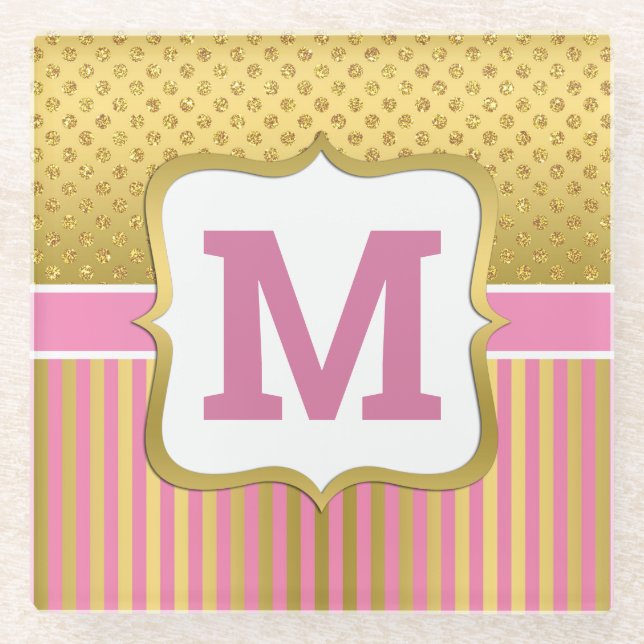 Pretty Gold Glitter Dots and Pink Stripes Glass Coaster (Front)