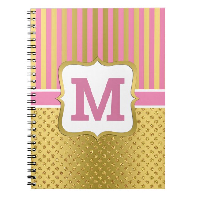 Pretty Gold Glitter Dots and Pink Stripes  Notebook (Front)