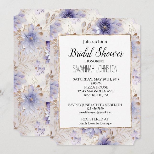 Pretty Gold Pearl Purple Flowers Bridal Shower Invitation (Front/Back)