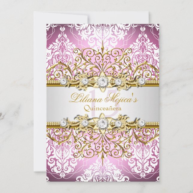 Pretty Gold Pink Vintage Glamour Quinceanera Invitation (Front)