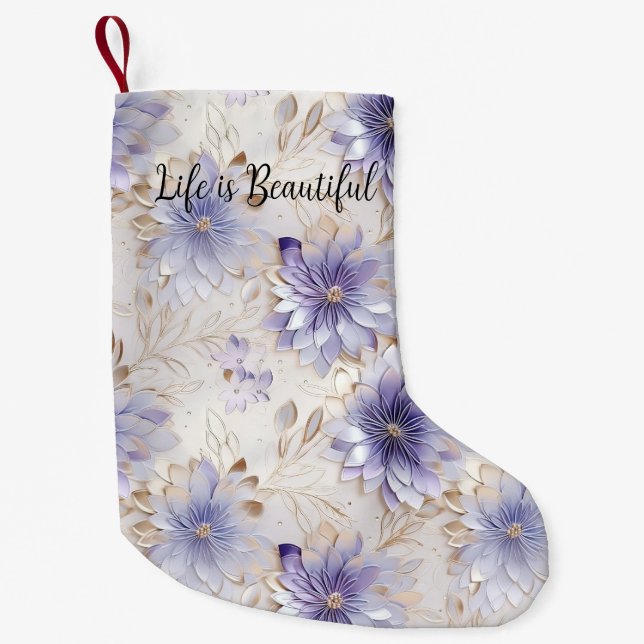 Pretty Gold Purple Pearl White Flowers Small Christmas Stocking (Front)