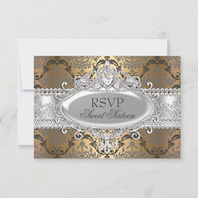 Pretty Gold & Silver Damask Sweet 16 RSVP Card (Front)