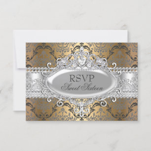 Pretty Gold & Silver Damask Sweet 16 RSVP Card