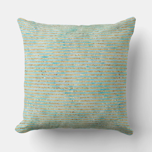 Pretty Gold Sparkle Aqua Watercolor Stripes Outdoor Cushion (Front)
