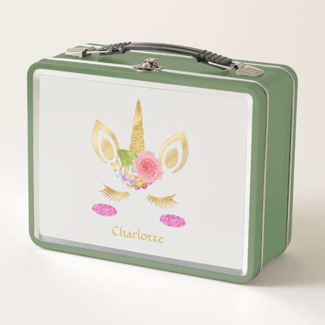 Pretty Gold Unicorn Personalised Green Metal Lunch Box (Front)
