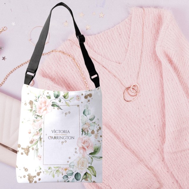 Pretty Gold Watercolor Floral Personalised Crossbody Bag (Creator Uploaded)