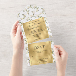 Pretty Gold White Flowers All In One Invitation