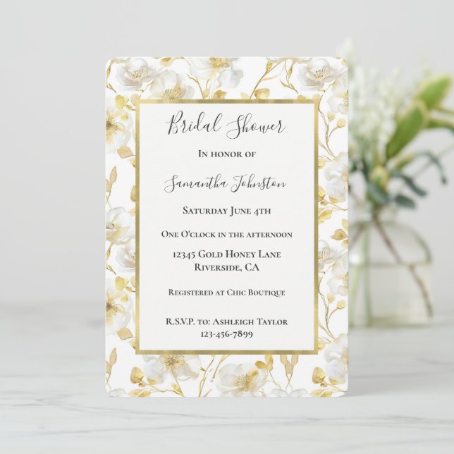 Pretty Gold White Flowers Bridal Shower Invitation (Standing Front)