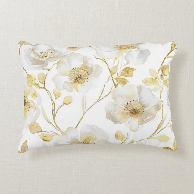 Pretty Gold White Flowers  Decorative Cushion (Front)