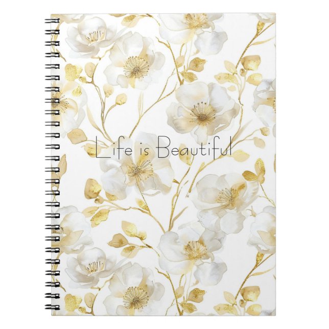Pretty Gold White Flowers  Notebook (Front)