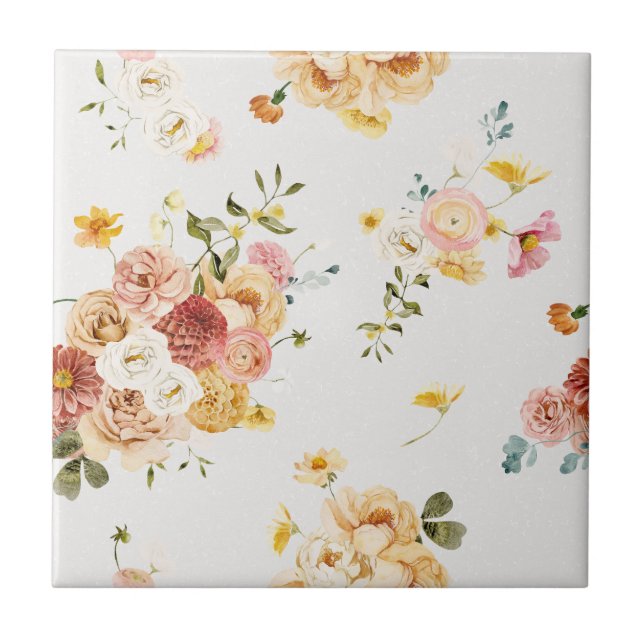 Pretty Golden and Dusty Pink Floral Ceramic Tile (Front)