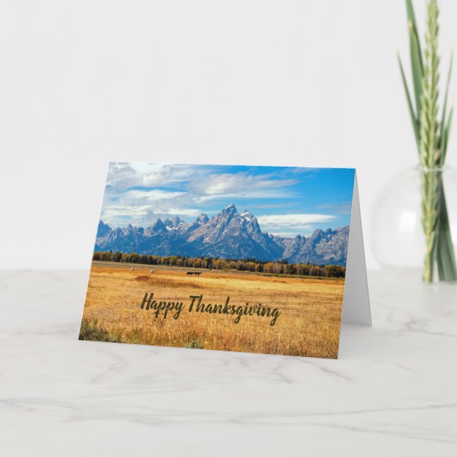 Pretty Golden Field Mountains Photo Thanksgiving Holiday Card (Front)