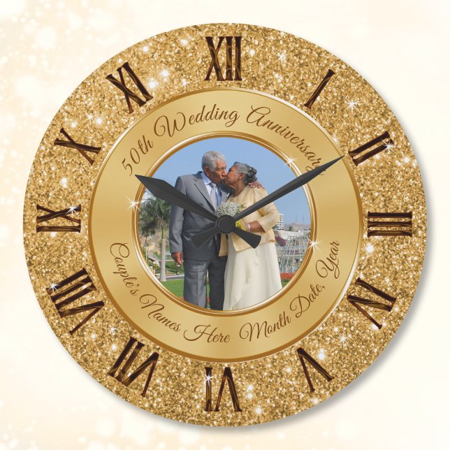 Pretty Golden Wedding Anniversary Gift Ideas Large Clock (50th anniversary clock. Personalised 50th wedding anniversary gifts for parents, friends and couples)