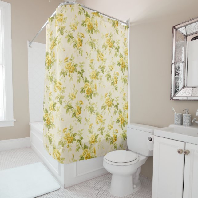 Pretty Golden Yellow Farmhouse Floral Shower Curtain (In Situ)