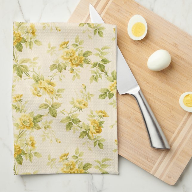 Pretty Golden Yellow Farmhouse Floral Tea Towel (Quarter Fold)