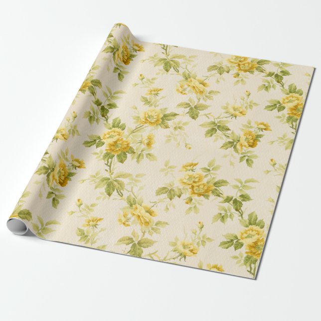 Pretty Golden Yellow Farmhouse Floral Wrapping Paper (Unrolled)