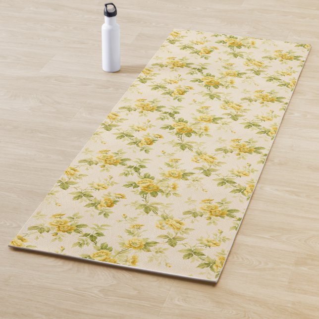 Pretty Golden Yellow Farmhouse Floral Yoga Mat (In Situ)
