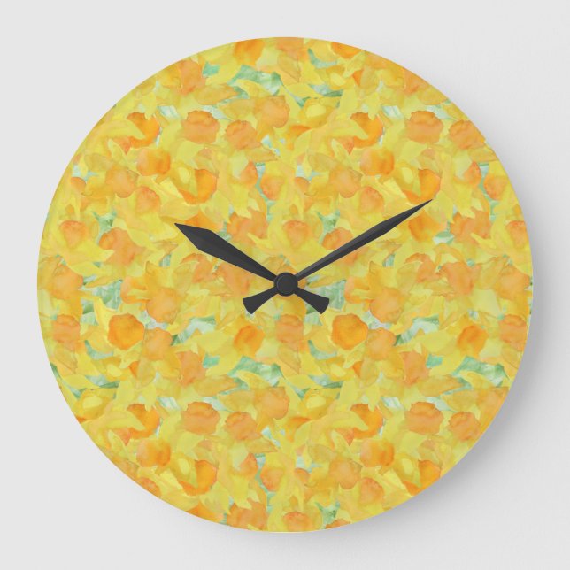Pretty Golden Yellow Watercolor Daffodils Large Clock (Front)