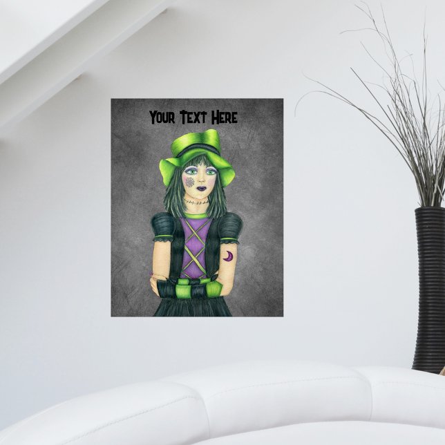 Pretty Goth Girl Green Eyes Hat Tattoos Dark Grey Poster (Pretty young Goth girl tattoos green hat fingerless gloves on spooky dark grey artwork poster.)
