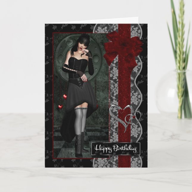 Pretty Gothic Girl with Bows Ribbon And Lace Card (Front)