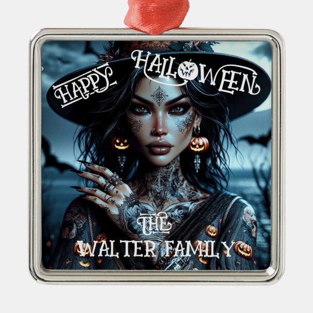 Pretty Gothic Witch with Tattoos Halloween Party Metal Tree Decoration (Front)