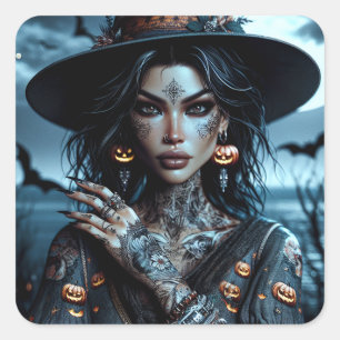 Pretty Gothic Witch with Tattoos Halloween Square Sticker