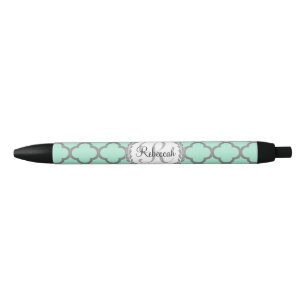 Pretty Green and Grey Quatrefoil Monogram Laurel Black Ink Pen