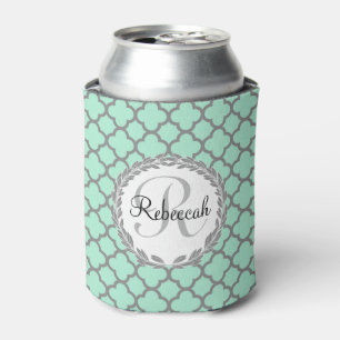 Pretty Green and Grey Quatrefoil Monogram Laurel Can Cooler