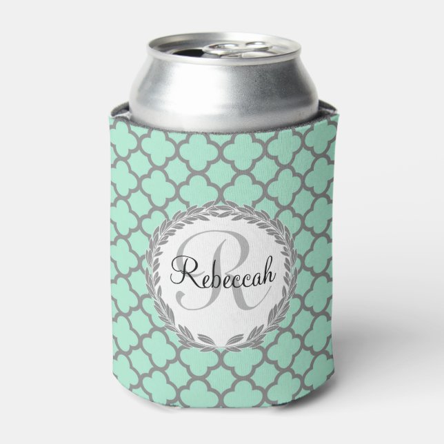 Pretty Green and Grey Quatrefoil Monogram Laurel Can Cooler (Can Front)
