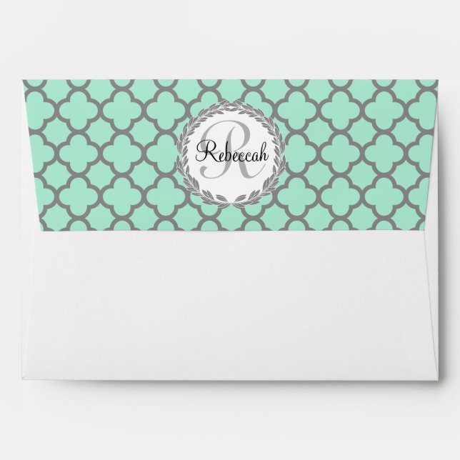 Pretty Green and Grey Quatrefoil Monogram Name Envelopes (Back (Top Flap))